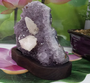 Amethyst Geode inlaid with white quartz set on Wood Base, Raw Amethyst Cluster