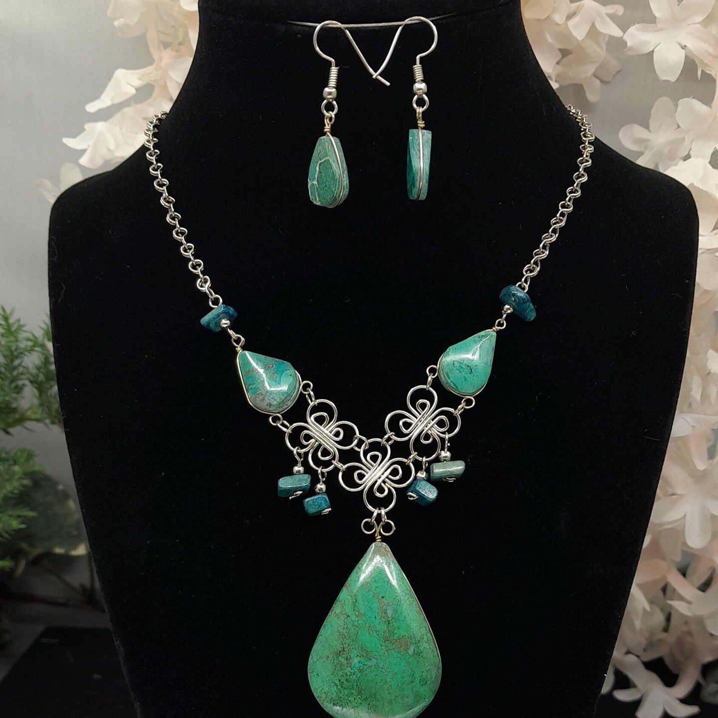 Chrysocolla Wire Wrap Necklace with Earrings